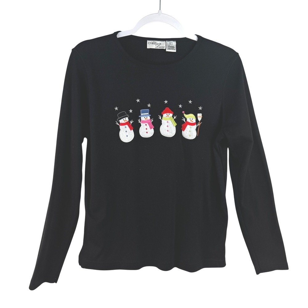 Allison Lane Womens Large Black Snowman Embroidered Long Sleeve Holiday Top